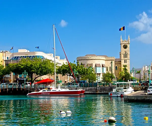 View of the Bridgetown harbour with boats and clock tower