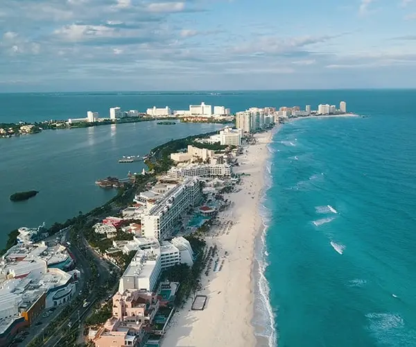 Aerial view of beaches and resorts in Cancun