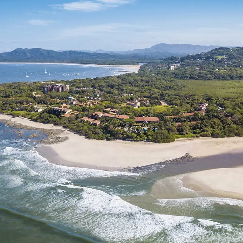 A drone view of Occidental Tamarindo on the coastline of Costa Rica.