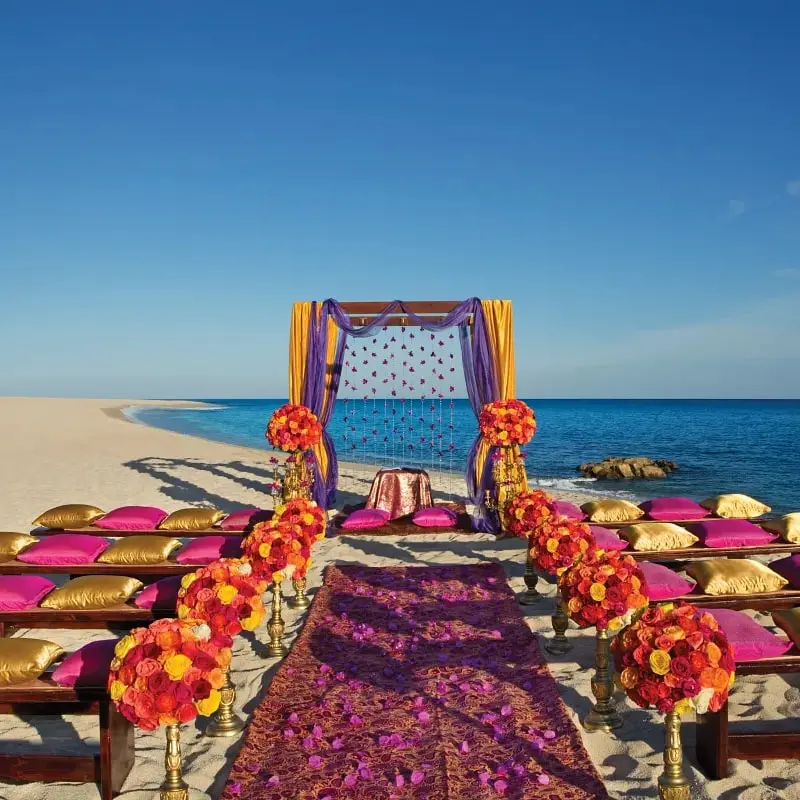 A destination wedding scene on a beach with vibrant purple and orange cloth adorning the altar and chairs.
