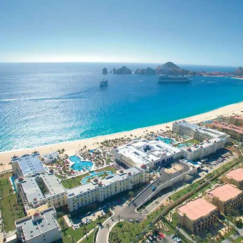 On overview Riu Palace Cabo San Lucas with the water stretching out into the distance.
